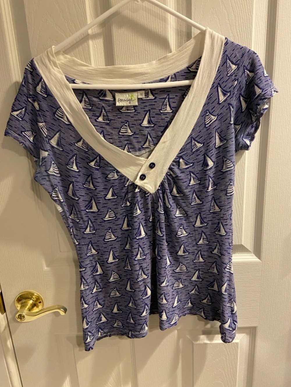 Anthropologie Porridge Navy Sailboat Print Cotton V-Neck Tee White Trim M
